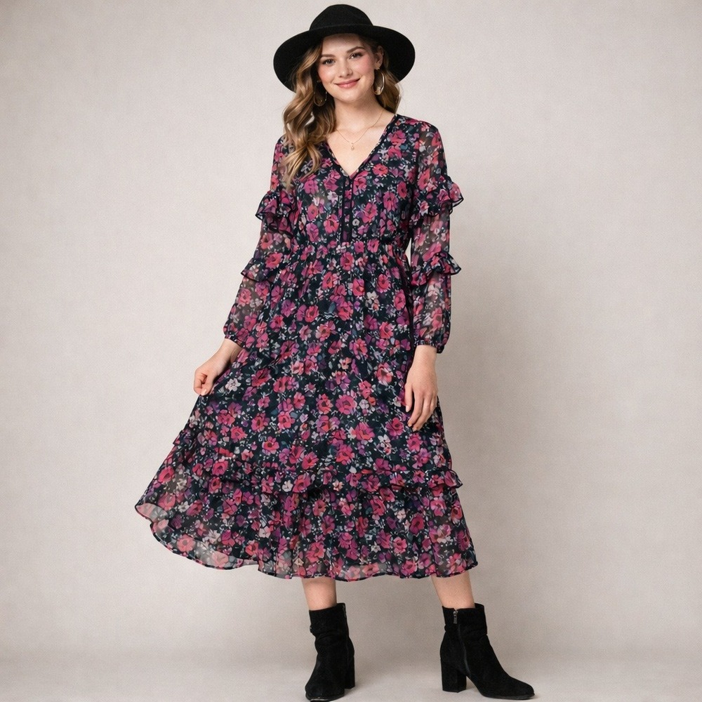 Clockhouse Floral Midi Dress L 14 Black Pink Tiered‎ Boho Cottagecore Whimsigoth